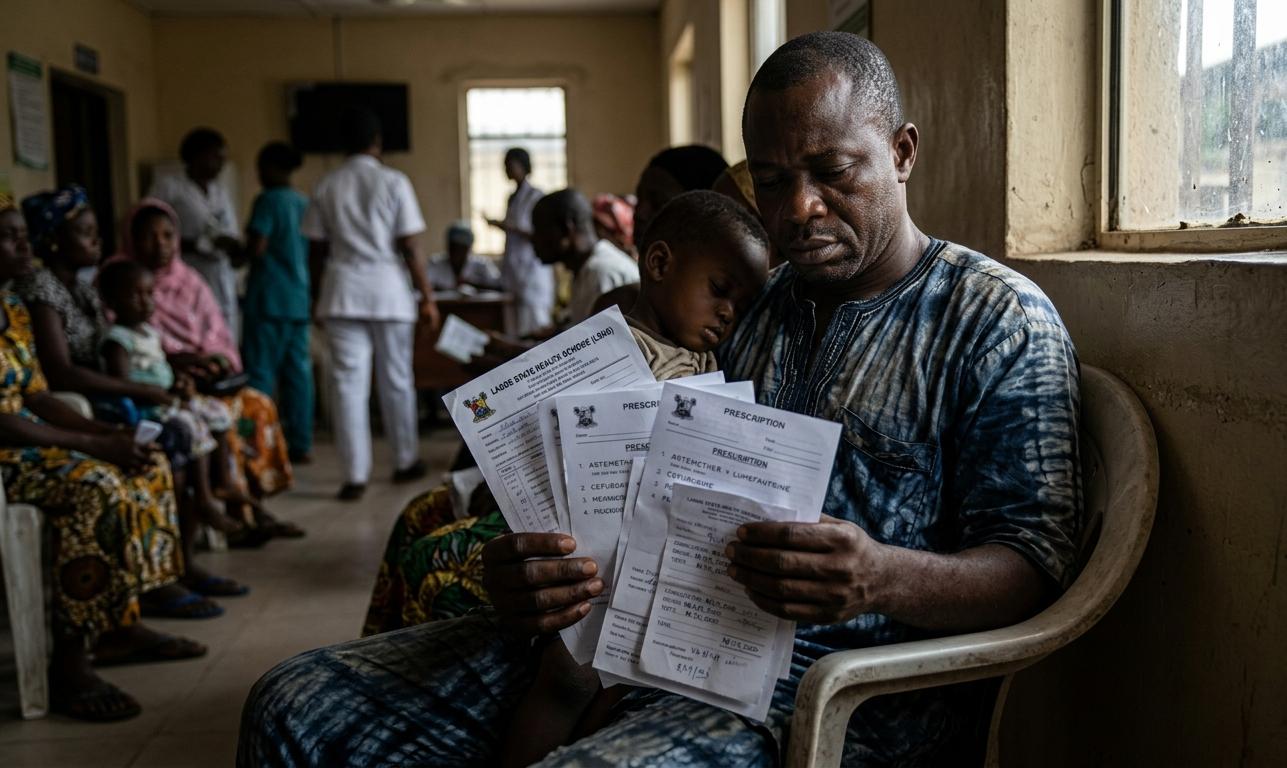 A father reviewing medical paperwork while his child waits beside him