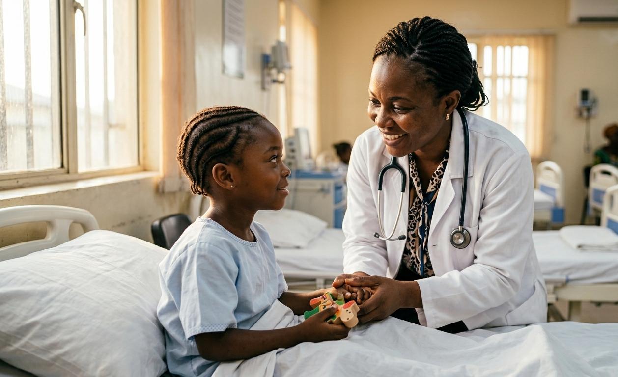 A doctor holding the hand of a child receiving care